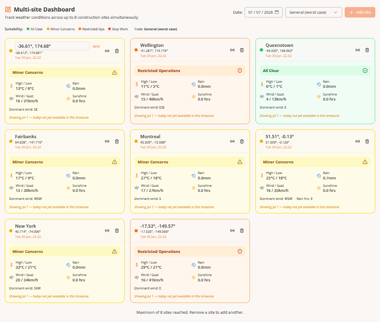Construction weather dashboard showing project weather data and advisory cards