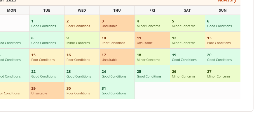 Advisory calendar showing weather risk days with early warning notice trigger dates