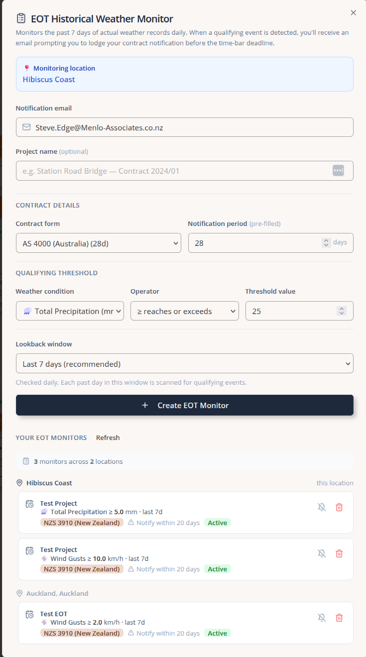 EOT evidence interface showing identified weather events and clause analysis