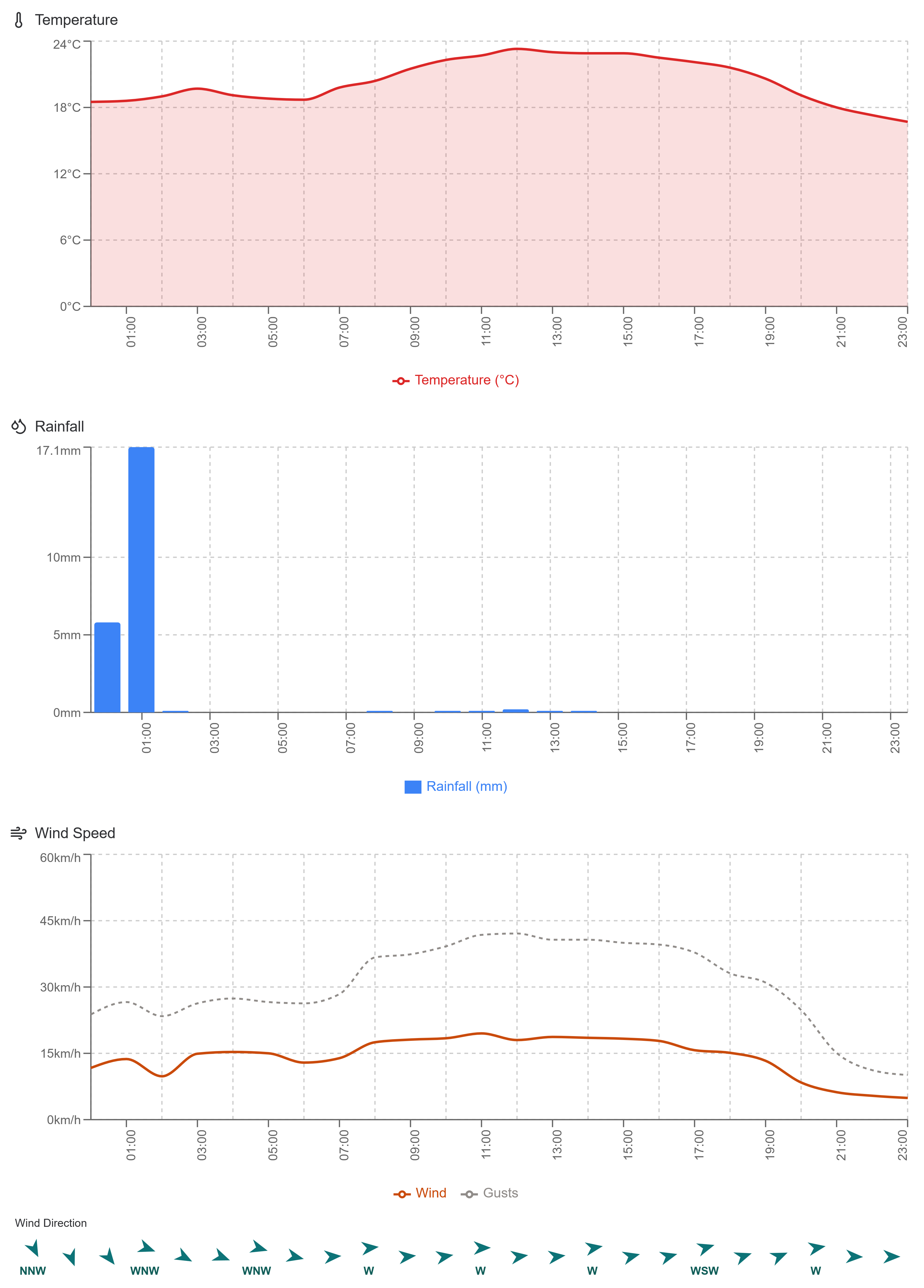 Hourly weather charts for 16 January 2026 showing temperature curve, rainfall by hour and wind speed with gust line