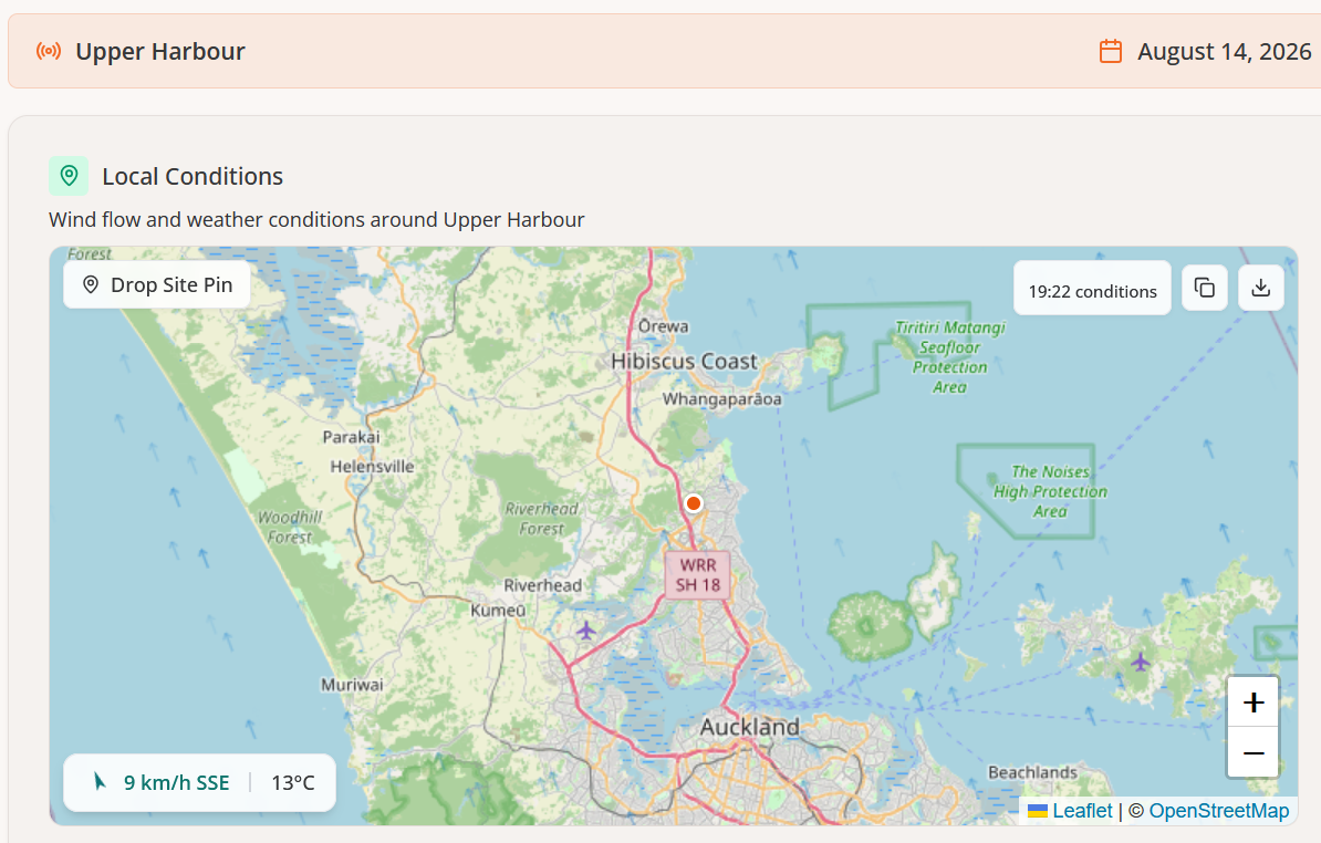 Construction Weather local conditions map showing Upper Harbour, Auckland — animated wind-flow arrows over OpenStreetMap base with current speed and direction badge