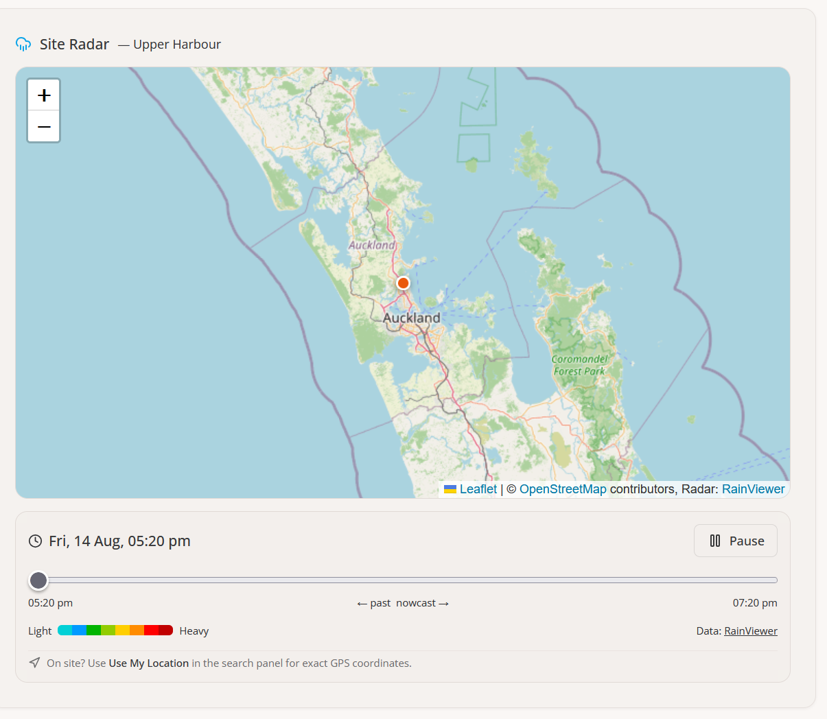 Construction Weather site radar panel showing Upper Harbour, Auckland — OpenStreetMap base with RainViewer overlay, orange site pin, time scrubber and intensity legend